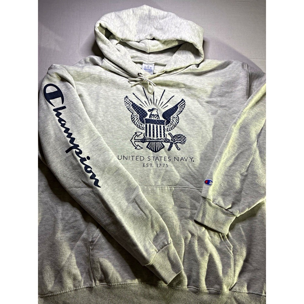 Champion Men's XL Gray Navy Est. 1775 Graphic Pullover Fleece Hoodie Pockets